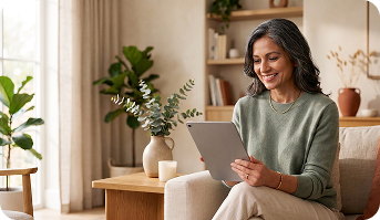 Woman reviewing health information on a tablet at home