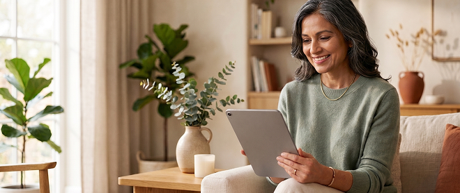 Woman reviewing health information on a tablet at home